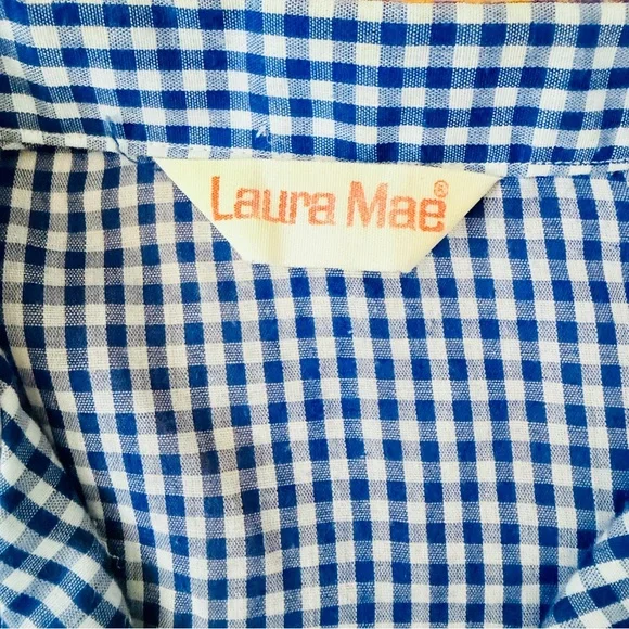 Blue Gingham Blouse Laura Mae Tab Sleeve Vintage - Picture 5 of 10